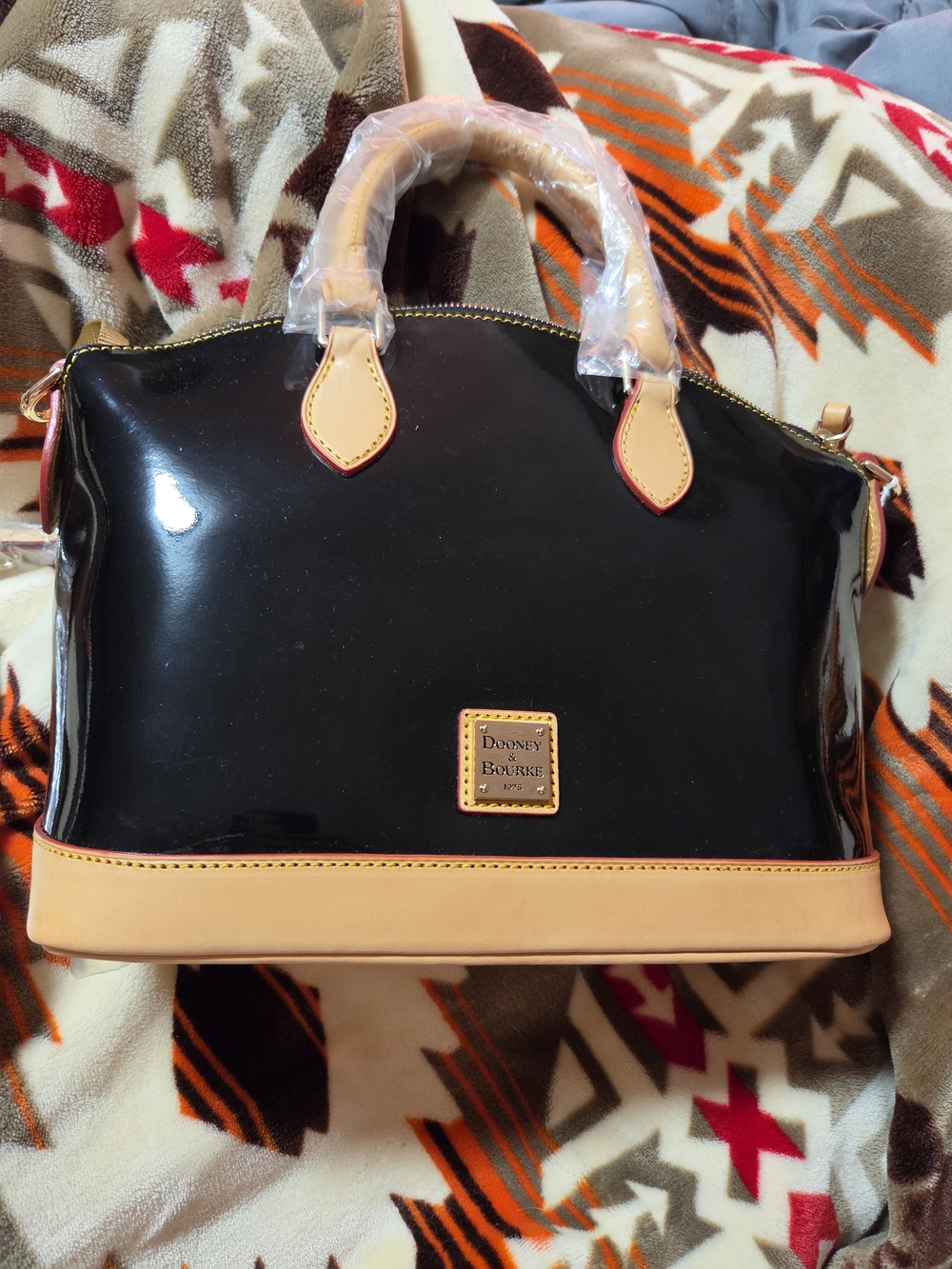 Dooney & Bourke Black Patent Leather Satchel with Tan Trim NWT